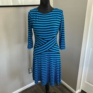 ECI medium blue and‎ black striped stretch 80's midi dress